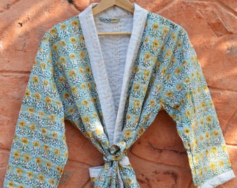 Cotton Bathrobe Indian Hand Block  Print Kantha Quilted Bathrobe Winter Long Overcoat Small Floral Cotton KImono, Bikini Cover, Night Robes