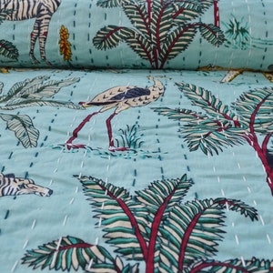 Indian Cotton Jungle Print Kantha Quilt, Indian Hand Block Print Kantha, Quilt Reversible Bedding Bedspread Queen Size Vintage Kantha Gudari