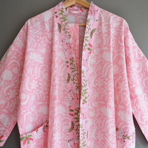 Pink Robe ! Jaipuri Print Robe, Cotton Kimono Robe, Cotton Women Top Long Bohemian Hippie Bathrobe Kimono Dress Ethnic Gown Floral Printed