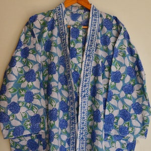 Cotton Kimono Robe Dressing Gown, Women Clothing Dress Gown Unisex Block Print Beach Cover ups Gown Tops Floral Printed Light Weight Shirt