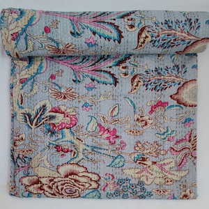 Grey Leaf Print Cotton Indian Handmade Stitch Kantha Quilt Bedding Bedspread Bed Cover Gudari Throw Ethnic Coverlet Blanket , Gift For Her