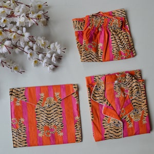 Indian Cotton Block Print Pajama, Night Wear Bridesmaid Pajama Set, Women Night Wear Set Cotton Short Pant And Shirt Set Tiger Block Print
