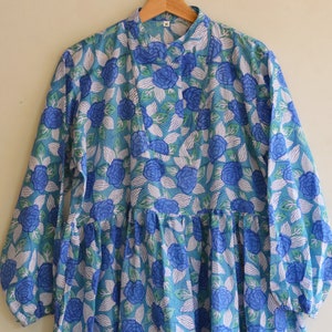 Blue Floral Summer Cotton Dress Hand Block Voile Cotton Women&#39;s Casual Wear Long Gown, New Indian Designer Wrap Dress, Gift For Birthday