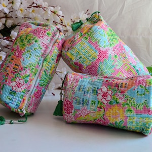 Set of 3 Pieces Cosmetic Bag Women Gift Makeup Bag Set Eco-friendly Cotton Quilted Toiletry Bags Sustainable Block Printed Wash Bag Hand Bag