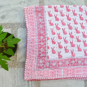 Baby Size Soft Cotton Handmade Quilt,Traditional Toddler Hand Work Kantha Baby Quilt, Bedspread Throw Rebit Print Jaipuri Razai Gift For Her