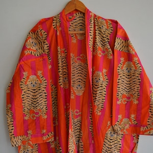 Nightwear Dress, Kimono For Women, Tiger Print Kimono Robe, Indian Cotton Japanese kimono Beach Cover Up, Bridesmaid Gown, Summer Beach Robe