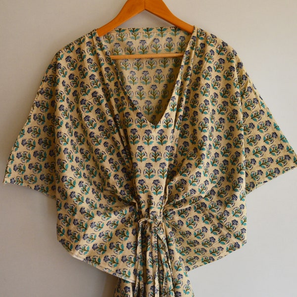 Indian Cotton Handmade Kaftan Dress Long Top Caftan,Dress Beach Cover up, Flower Hand Block Print Sleepwear Maxi Dress Kimono Robe