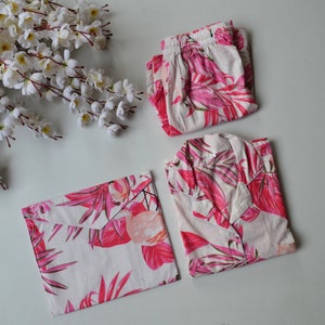 Indische reine Baumwolle handgemachte Pyjamas Set weichem Stoff Flamingo Print Nachtwäsche Nachtanzug, Frauen Pj Set Baumwollshirt Set mit Shorts und Tasche