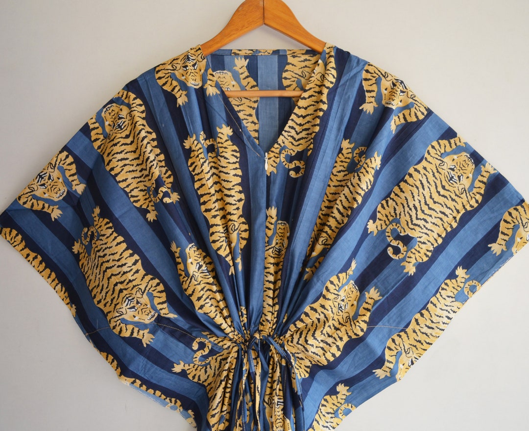 Tiger Block Print Zipper Caftan, Women Party Wear Caftan Dress, Beach