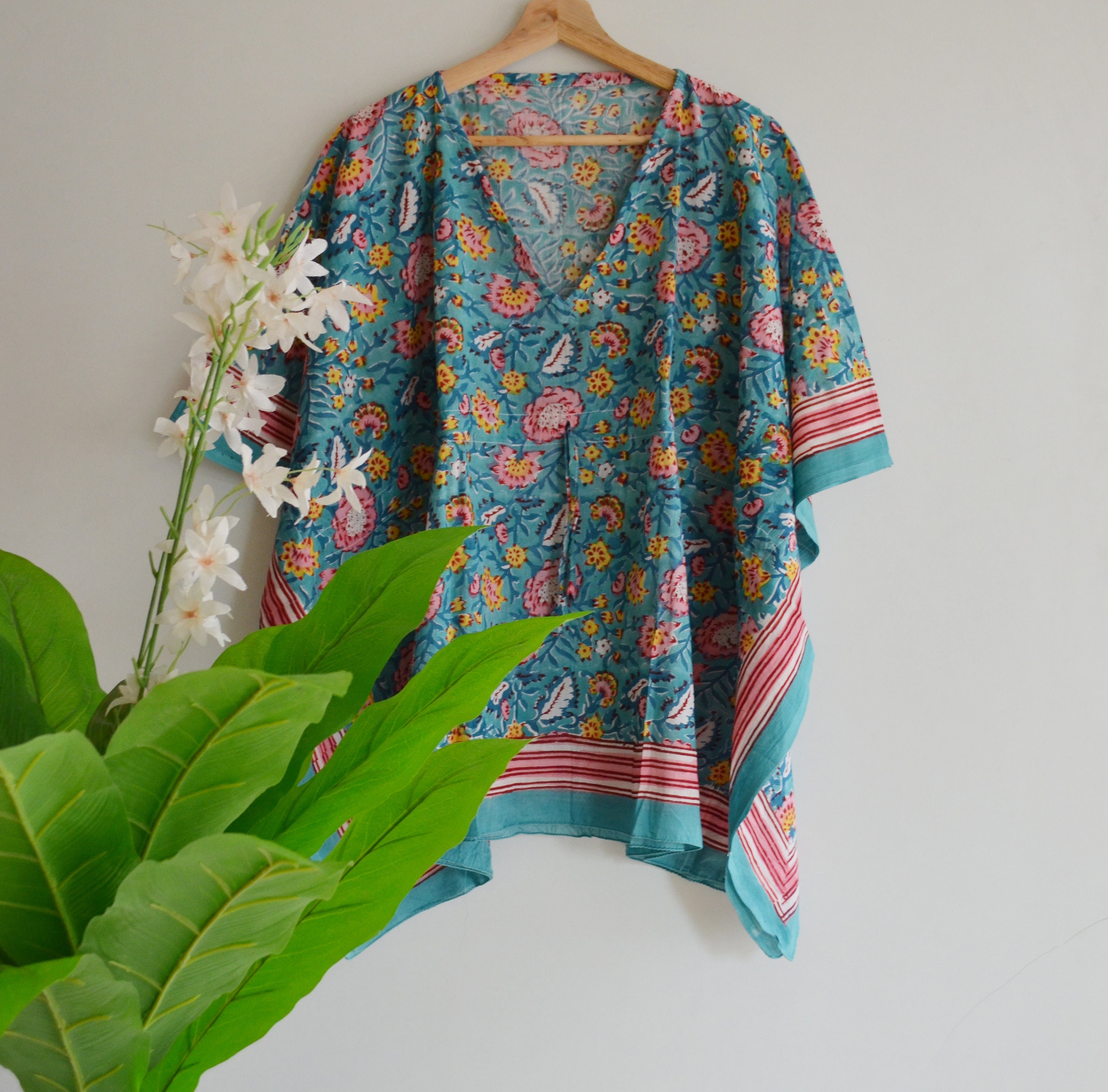 Kaftan corto floral indio, caftán 100% algodón, ropa corta, vestido de playa hermosa ropa de dormir, cubierta de ropa de playa, maxi, ropa de dormir Kaftan