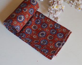 Blue Floral Red Christmas Perfect Cotton Kantha Quilt Home Bedroom Decor Vintage Quilt For Picnic Rug, Organic Bedspreads, All Season Comfy