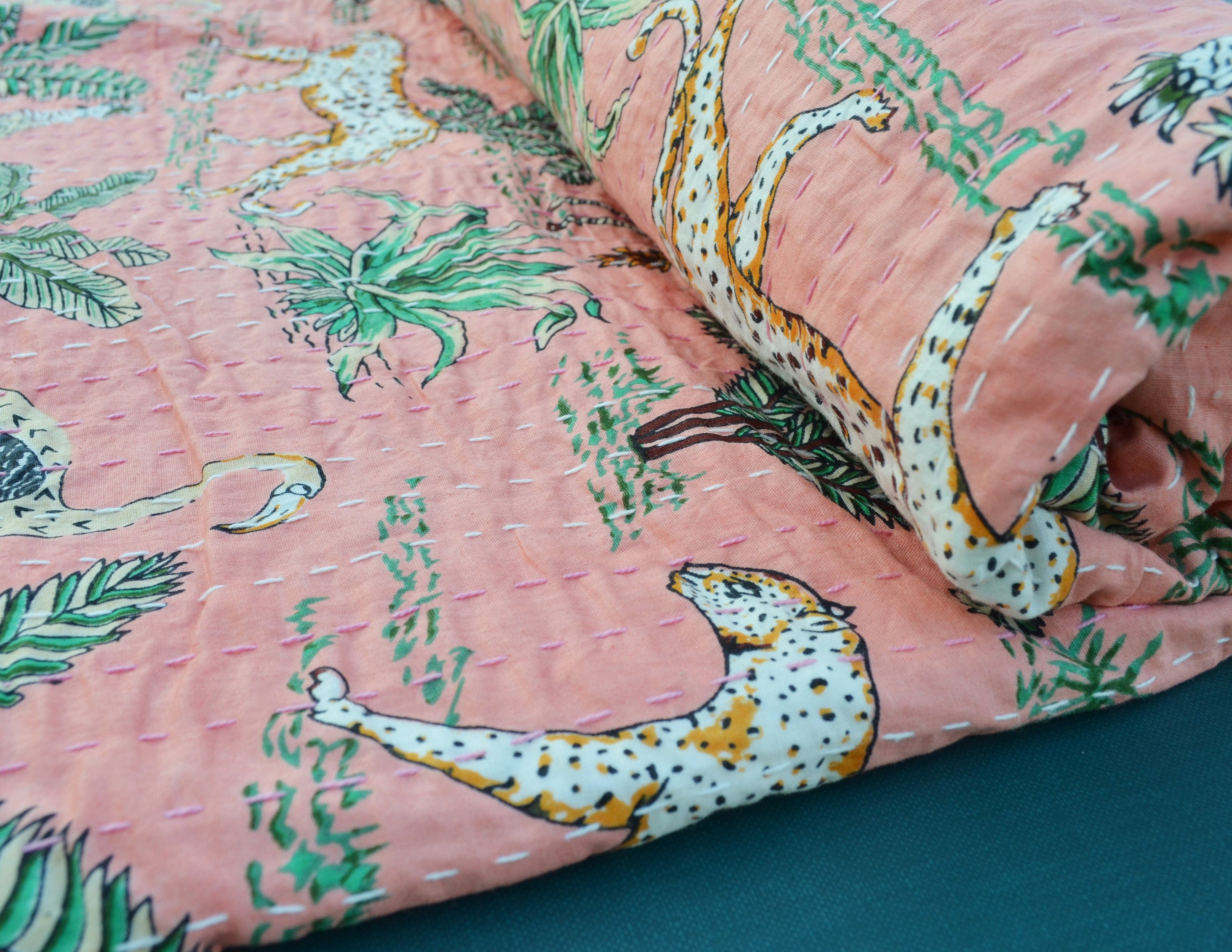 Jaipuri Quilted Jungle Print Quilt Kantha Coverlet Kantha Etsy