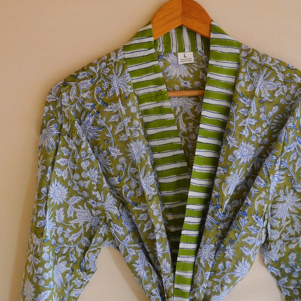 Green Color Natural Floral Printed Kimono Cotton Bohemian Hippie Women Long Kimono Dress Throw Hand Block Print Bathrobe Gown Tops Caftan