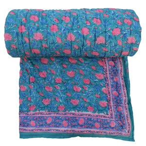 Floral Print Hand Block Print Jaipuri Razai, Cotton Winter Warm Reversible Razai, Soft Cozy Ac Blanket, Bedspread Queen Size Indian Quilt