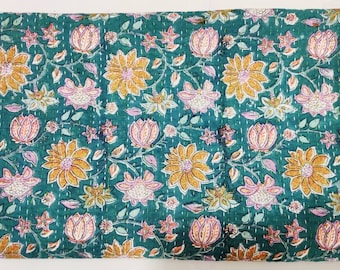 Edredón Kantha hecho a mano de algodón orgánico, colcha Kantha con estampado de bloques florales, colcha Gudari para decoración del hogar, funda de cama Vintage, cobertor