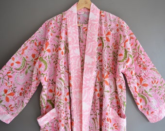 Robe de chambre en coton, longue robe légère faite à la main, cardigan kimono, cadeau d'anniversaire en coton, peignoir à carreaux, cache-coeur de plage, chemise de nuit