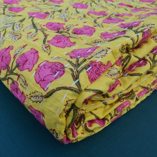 Rose Floral Block Print Bedding Blanket/Bedspread, California Handmade Kantha Coverlet, Indian Cotton Kantha Quilt, Hand Stitch kantha Quilt