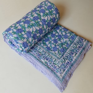 Jaipuri Blue Floral Organic Cotton Indian Quilt Light Weight Cotton Reversible Razai, Comfortable Blanket, Bedspread Vintage Quilt For Her