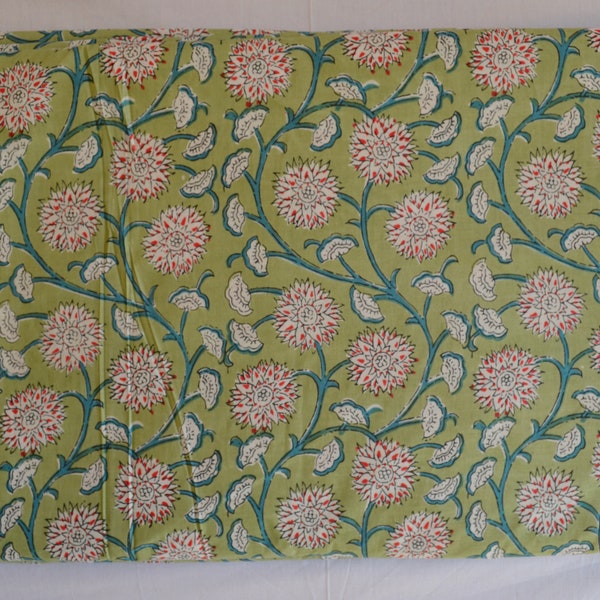 Floral Hand Block Print Fabric, Organic Cotton Handmade Fabric, Women Dressmaking Crafting Fabric, Light Weight Cotton Running Sewing Fabric