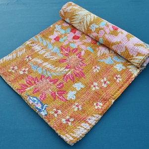 Traditional Cotton Handmade Kantha Quilt, Kantha Blanket Quilt, Floral Print Quilt Kantha Coverlet, Throw Bedding Blanket, Ethinic Bedspread