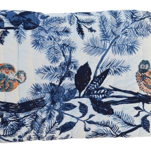 Owl Hand Block Print Razai, Handmade Indian Razai, Cotton Razai Quilt, Blue & White Royal Comforter, Baby Cozy Quilt Gift For Baby Shower