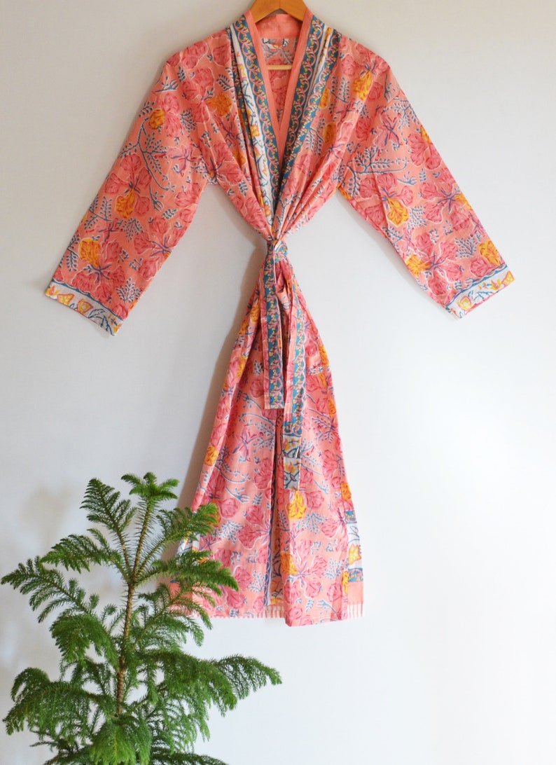 Christmas Sale Cotton Handmade Kimono Robe, 100% Cotton Women Long Bohemian Hippie Bathrobe Kimono Dress Ethnic Gown Tops Floral Printed image 6