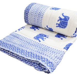 Elephant Print Indian In Side Doctor Cotton Winter Light Weight Reversible Razai, Blue & White Unique Quilt