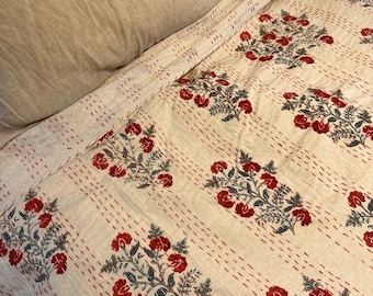 Kantha con estampado de bloques a mano, colcha Kantha tamaño queen, colcha King Kantha hecha a mano de algodón orgánico, colcha boho hippie acolchada Kantha