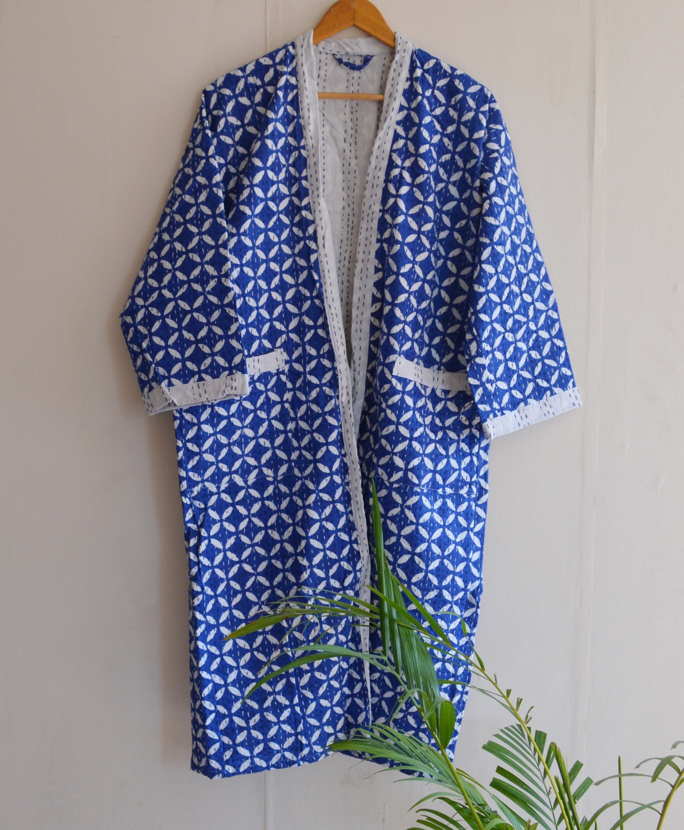 Valentine Sale ! Cotton Kantha Kimono With 2 Front Pocket Cotton Belt Quilt Kantha Robe Bathrobe Swim & Night Wear Coat Night Wear Bathrobes