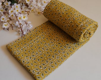 Baby Shower Gifts ! Indian Women"s Hand Quilted Bagru Print Kantha Quilt Unique Mustard Yellow Color Soft Cotton Cozy Bedspread & Ac Blanket