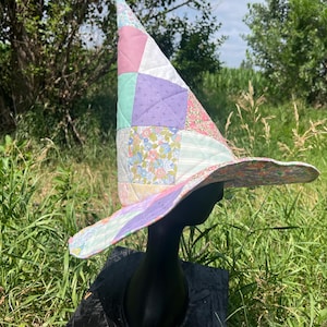 Pastel Floral Patchwork Quilted Witch Hat | Cottagecore Wizard Costume Accessory