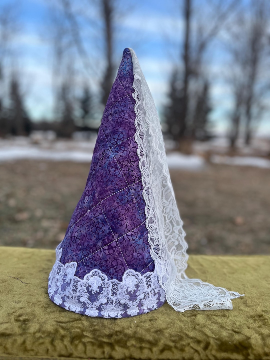 Purple Batik Hennin – Handmade Renaissance Princess Cone Hat With Lace ...