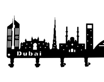 Schlüsselbrett / Hakenleiste * Skyline Dubai * Emirat in den Vereinigten Arabischen Emiraten - Wandhaken, Metall - 6 Haken - schwarz