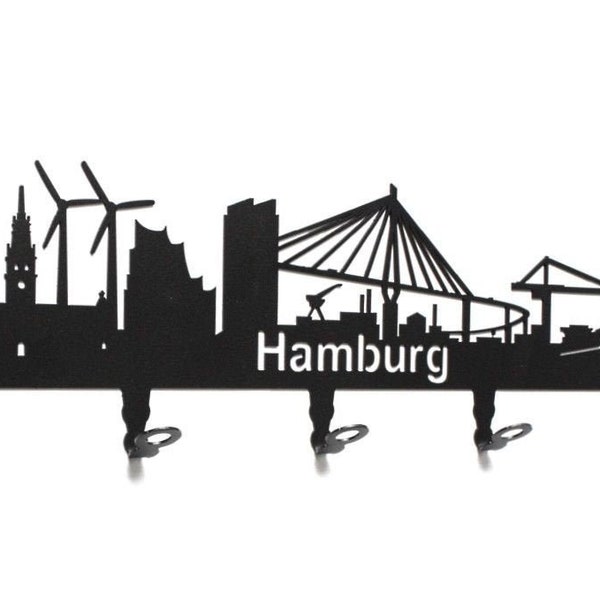 Wall wardrobe "Hamburg Skyline" - HH - hallway wardrobe 58 cm - coat hook, hook bar, wardrobe nest, wardrobe, metal, black, 6 hooks