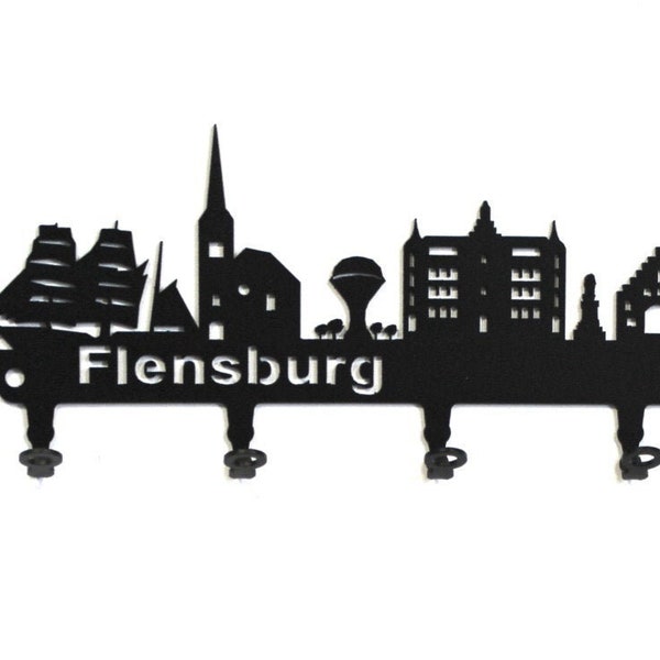 Schlüsselbrett/Hakenleiste * Flensburg * Skyline - Schleswig-Holstein - Wandhaken - Metall, 6 Haken, Schwarz