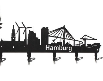 Wandgarderobe "Hamburg Skyline" - HH - Flurgarderobe 58 cm - Kleiderhaken, Hakenleiste, Garderobeneiste, Garderobe, Metall, schwarz, 6 Haken