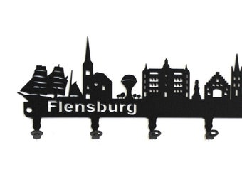 Keyboard/Hook Bar * Flensburg * Skyline - Schleswig-Holstein - Wall Hook - Metal, 6 Hooks, Black