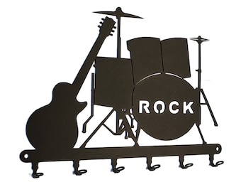 Schlüsselbrett / Hakenleiste ** Rock-Band ** Schlüsselboard Schlagzeug und Gitarre, Schlüsselleiste Metall, 6 Haken