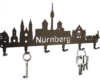 Key rack / hook rail * Nuremberg skyline * - Key board Bavaria, key rail, metal - 6 hooks