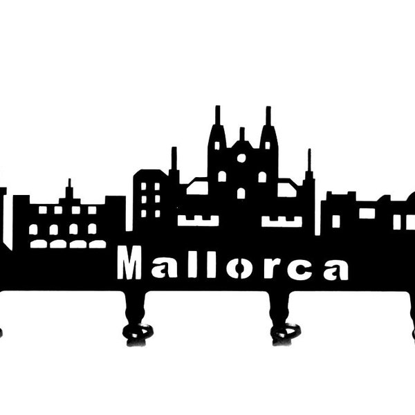 Key Board/Hook Bar * Skyline Mallorca * City in Palma/Spain-Wall hook, key Bar, Metal-6 Hooks-black