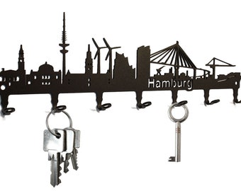 Key rack / hook rail * Hamburg Skyline * - Key board, key rail, metal - 7 hooks