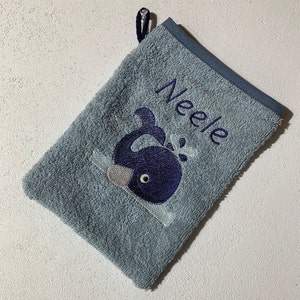 Wash mitt, washcloth, embroidered with desired name and appliqué Nr.1