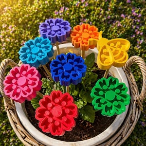 Op de afbeelding: Een verzameling kleurrijke bloem- en vlindervormige tuinpalen in een witte pot met een gevlochten mand. De palen zijn in tinten blauw, paars, oranje, geel, groen, roze en rood. De pot staat in een bed van groen gebladerte.