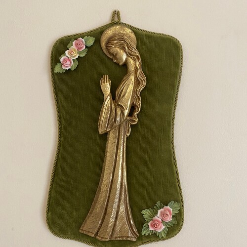 Vintage Religious Velvet Trestle Wall outlets Plaque of Our Lady Praying