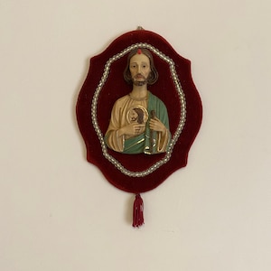 Vintage Religious Velvet Trestle Wall Plaque of  Jesus Sacred Heart
