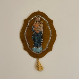 Vintage Religious Velvet Trestle Wall Plaque of Mary & Baby Jesus