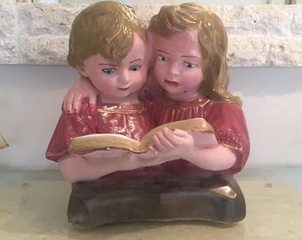 Vintage Solid Plaster Children Reading Book Statue