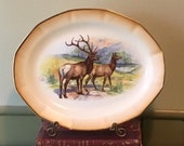 Antique Saxon China Platter Transferware Woodland Animal Elk Bull Cow Edwin Megargee 13 1 2 quot