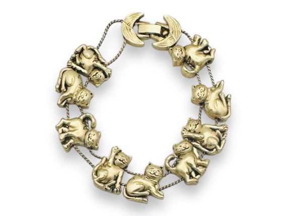 Vintage Cat Slide Charm Bracelet Gold Tone Metal … - image 3