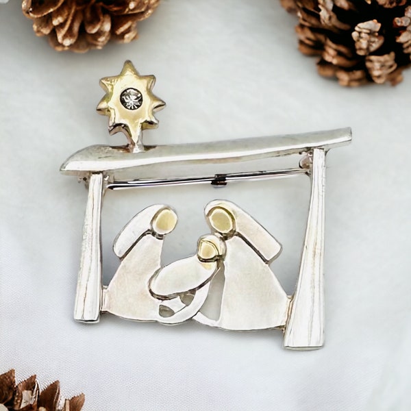 Vintage Modernist Nativity Christmas Brooch Pin Two Tone Silver Gold Tone